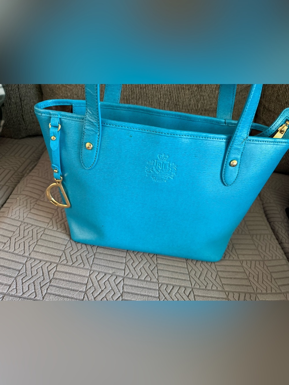 Turquoise Lauren Ralph Lauren Leather Tote Bag with Gold tone Stirrup Charm